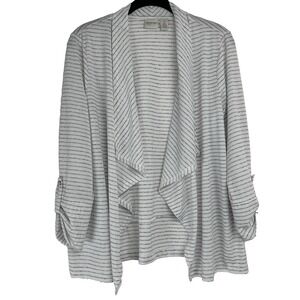 Chicos Zenergy Size 2 Open Waterfall Cardigan White Gray Micro Striped Linen